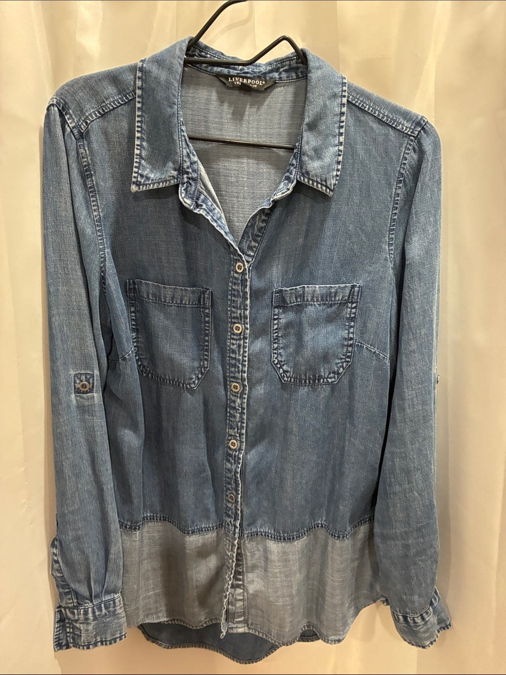 Liverpool Two-Tone Indigo Denim Button-Down Blouse - Picture 6 of 6